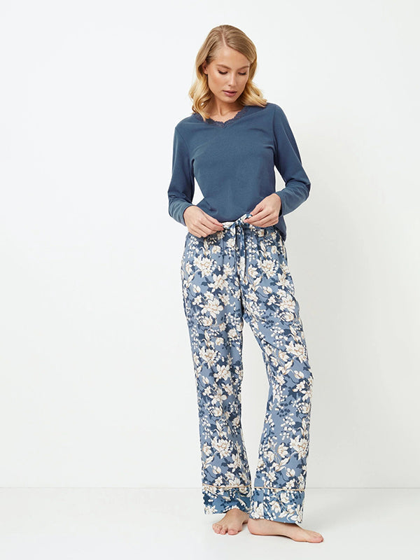 Aruelle ilga medvilnės ir viskozės pižama  "Fleur Blue - White Flower Print"