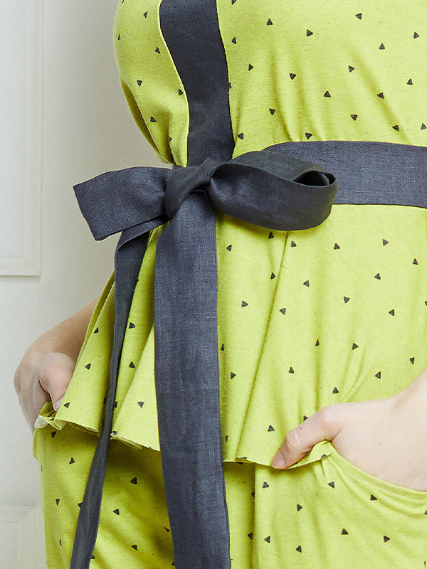 Lega Linen Blend Peplum Blouse Maya Lime - Black Triangle Print