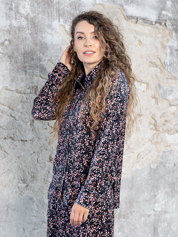Lega Velour Buttoned Blouse Viki Black - Rose Flower Print Velour